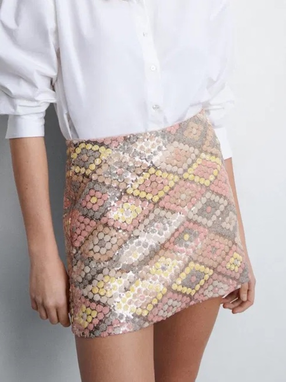 Mango Sequined Diamond-Pattern Mini Skirt in Pink, Gray & Yellow